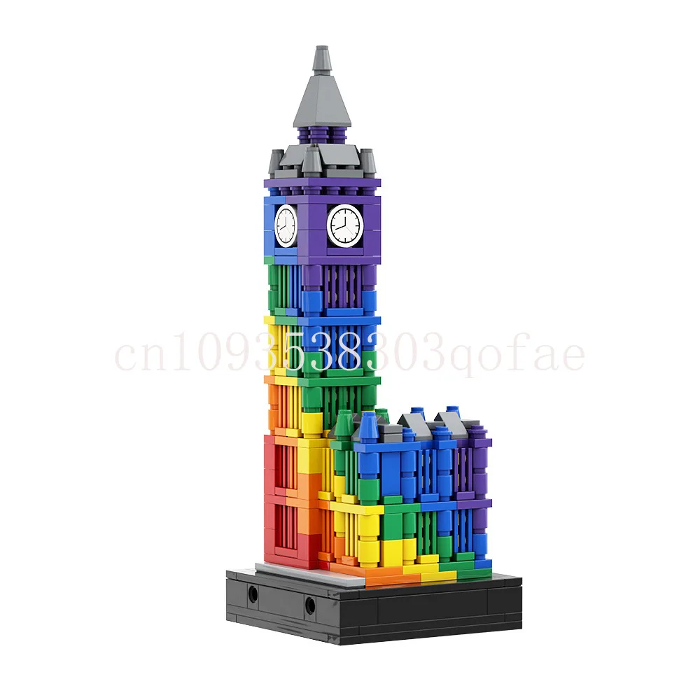MOC- 133916   Blocos de construção coloridos big ben ii relógio modelo de construção pequeno grão vista rua blocos de construção conjunto presente
