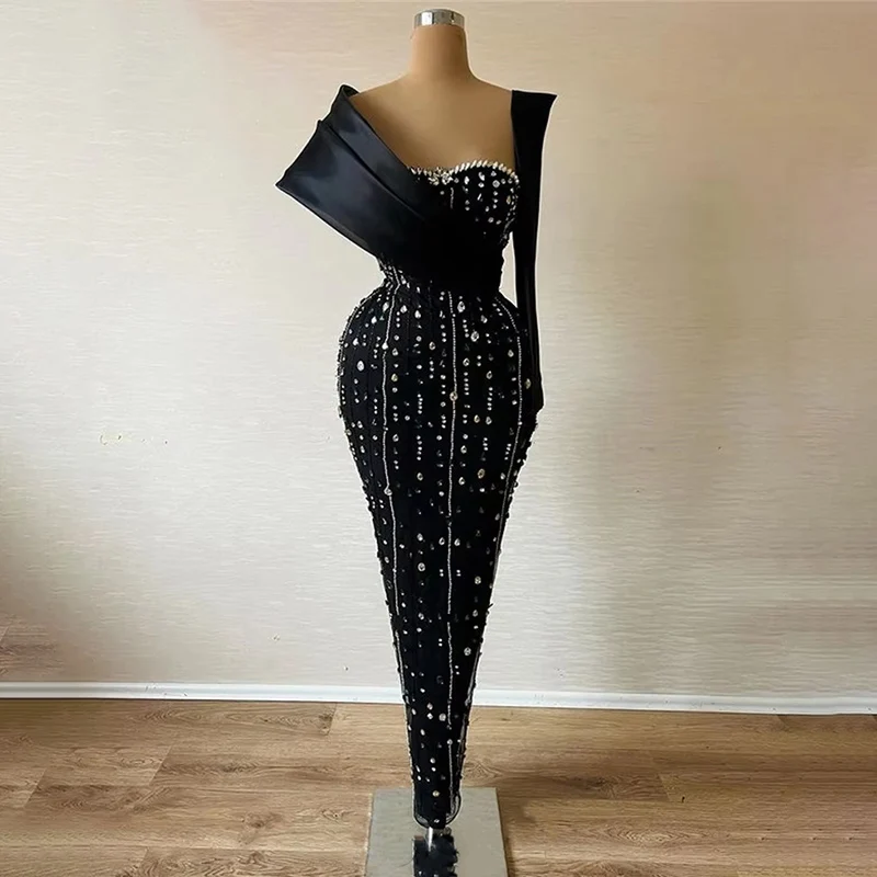 

Black One - Shoulder Evening Dresses with Rhinestone Encrusted Bodycon Prom Dress Asymmetric Drape Formal Dress Customized