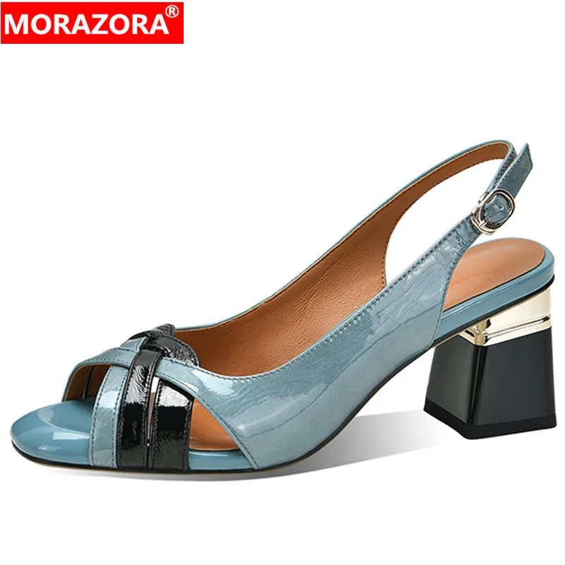 MORAZORA 2024 New Solid Genuine Leather Sandals Women Square Med Heels Shoes Mixed Colors Summer Ladies Dress Shoes