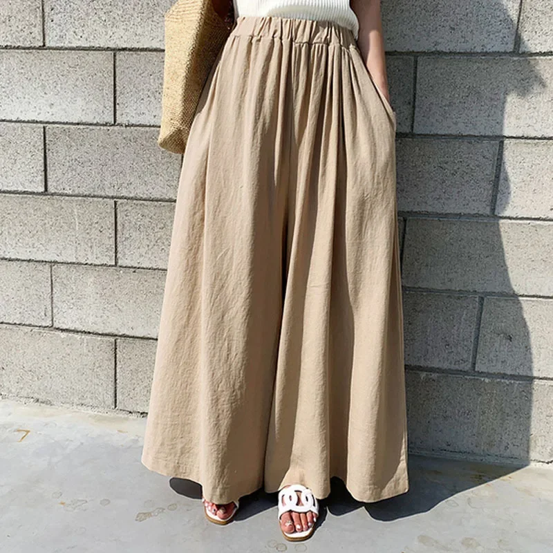 Korean Version of Solid Color Cotton Hemp Elastic High Waist Wide Leg Pants, Women Spring and Summer Fashion Loose Long Pants