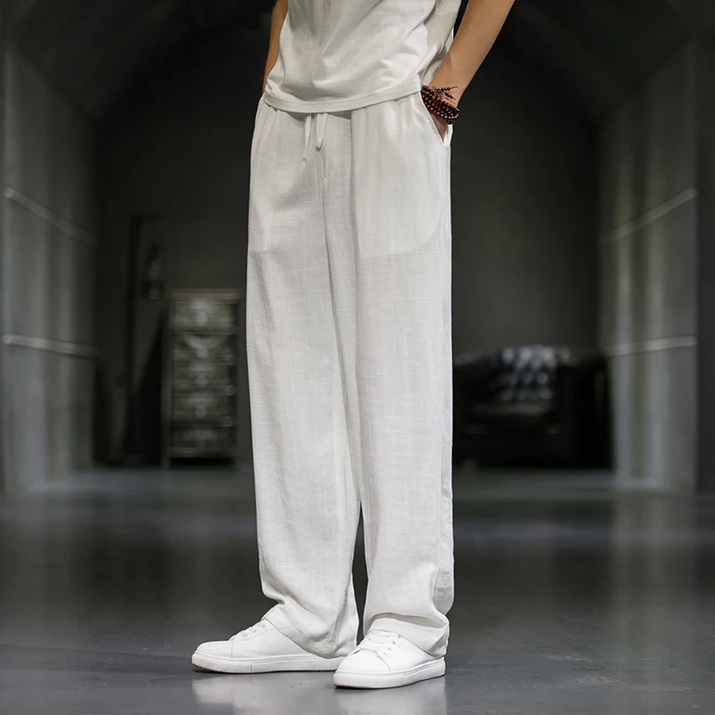

Белые хлопковые льняные повседневные брюки для мужчин: свободные, прямые, летние, тонкие, широкие, дышащие, удобные, длинные штаны