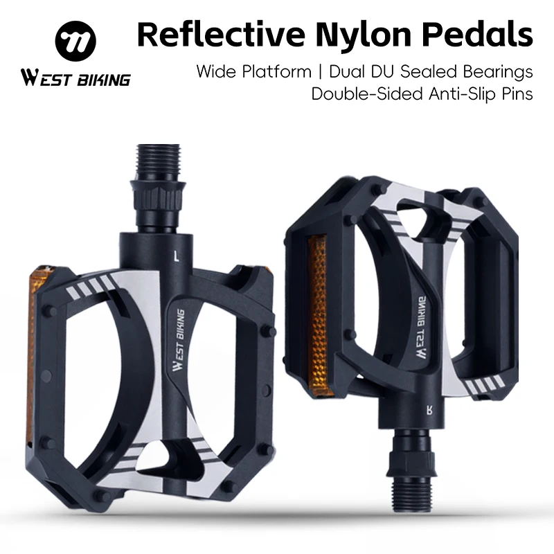 WEST BIKING Dual DU Nylon Bike Pedal Lightweight Reflective MTB Road Bicycle Pedal Widen Anti-slip Cycling Flat Pedal Bike Parts