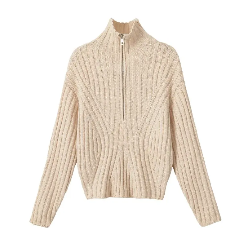 2026 Autumn New Women's Long Sleeve High Collar  Color Zipper Ribbed Knitwear Simple Style Pure Color Knitted Top