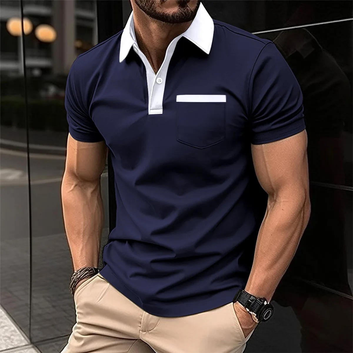 2025 new men's lapel fashion slim T-shirt pocket color matching short-sleeved men's solid color T-shirt POLO shirt