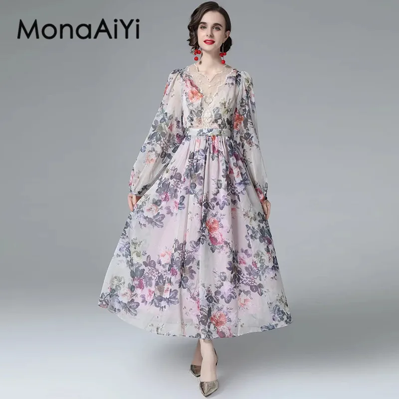 

MonaAiYi Autumn Women's Casual Holiday Dress V-Neck Mesh Embroidery Lantern Sleeved Vintage Print Party Ball Gown Dresses