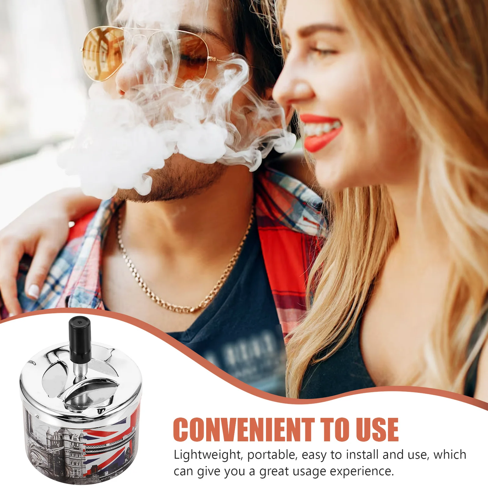 

Rotating Lid Ashtray Stainless Steel Windproof Automatic Extinguishing Desktop Tray For Home Office Bar Outdoor Indoor Metal