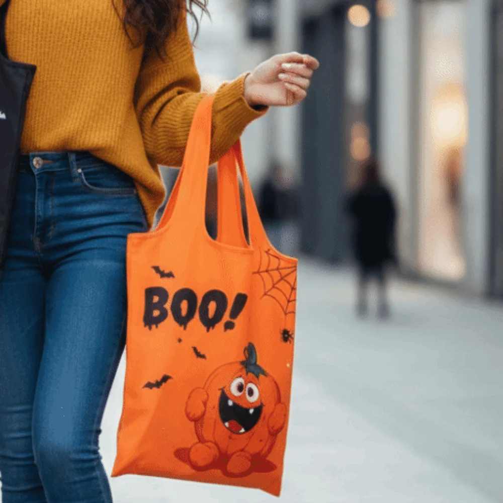 Solid Color Halloween Grocery Tote Space-Saving Tear-Resistant Cartoon Pocket Handbag Mini Plush Case Foldable Shopping Bag