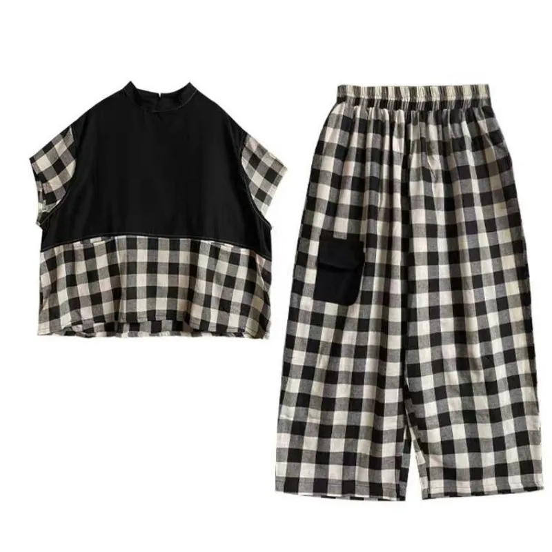 2025 New Spring Retro Cotton Linen Womens Two Peice Sets Fashion Splicing Plaid Short Sleeved Top and Casual Loose Pants Set