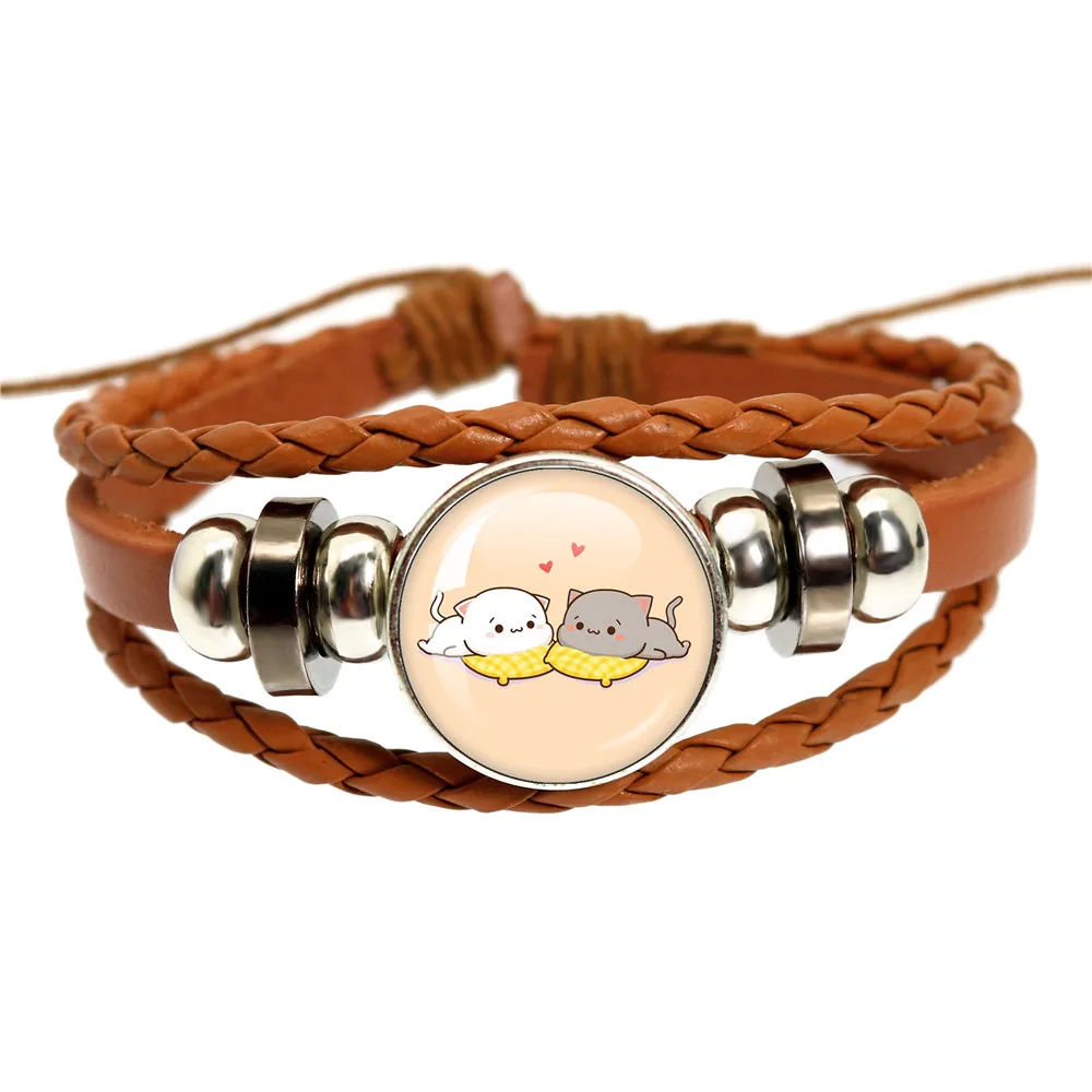 Mitao Cat Brown Leather Bracelet Net Red Cat Cute Couple Glass Cabochon Button Bangles Wristband Fashion Jewelry Gift For Friend