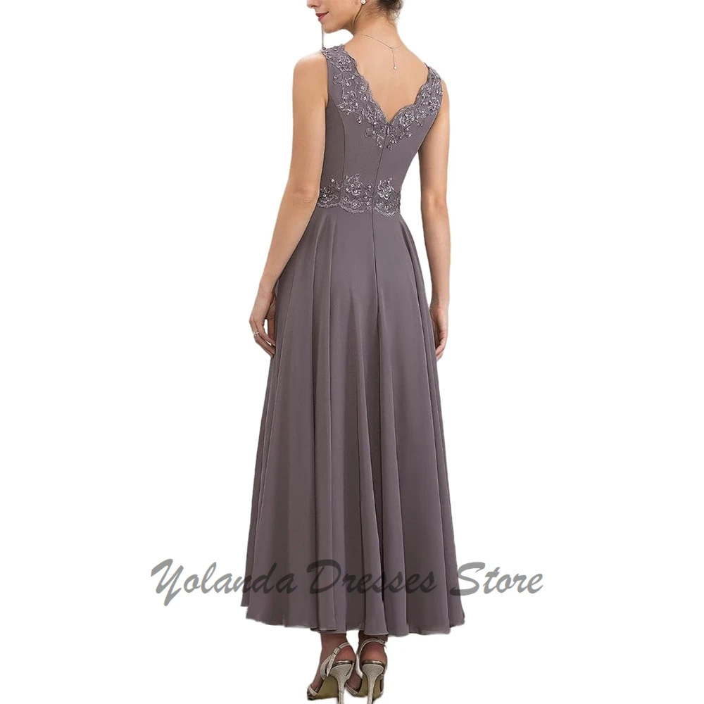 Modern Plus Size Mother of The Bride V Neck Chiffon A Line Formal Wedding Guest Dresses Ankle Length Lace-Up Back Evening Gowns