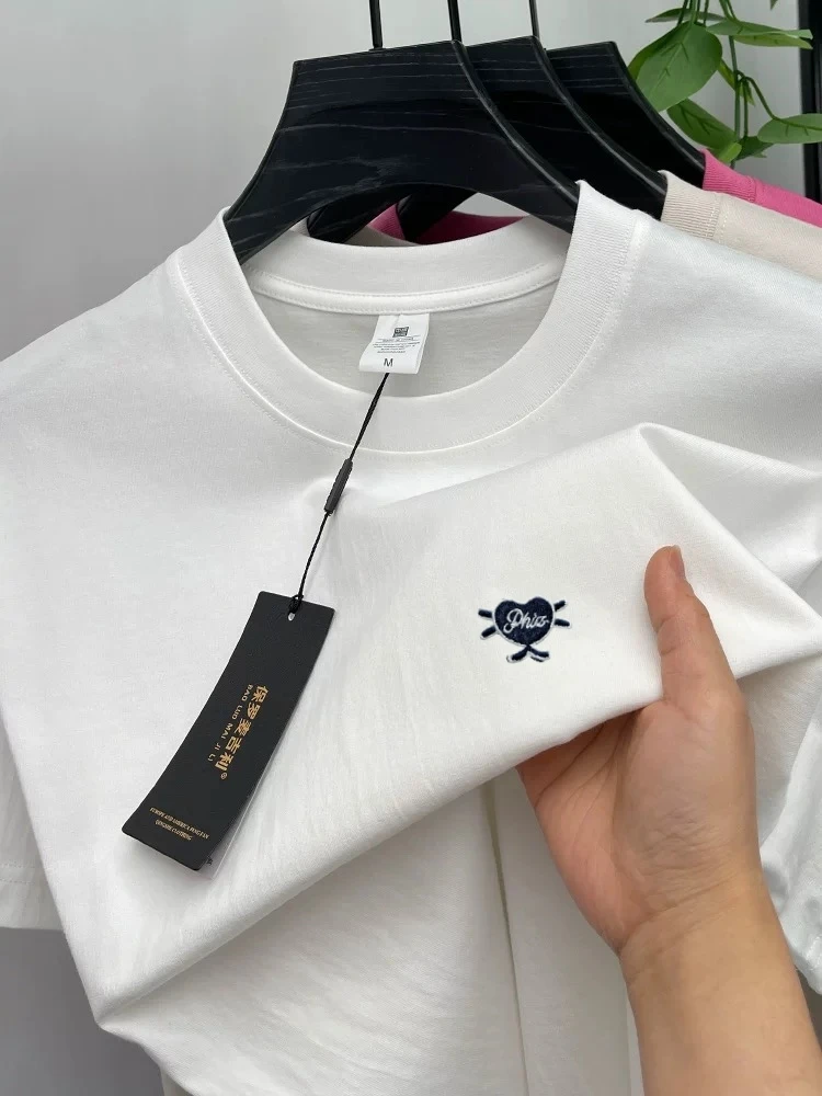 

100% cotton men's short sleeve T-shirt fashion brand heart-shaped embroidery comfortable round neck summer new solid color top