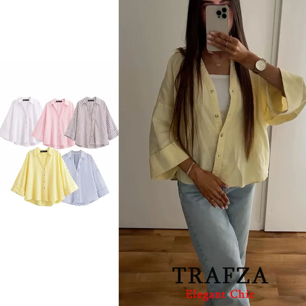 

TRAFZA-Women Casual Loose Shirt V-neck Buttons Batwing Sleeve Shirt New 2025 Spring Summer Minimalist Office Lady Commuter Shirt