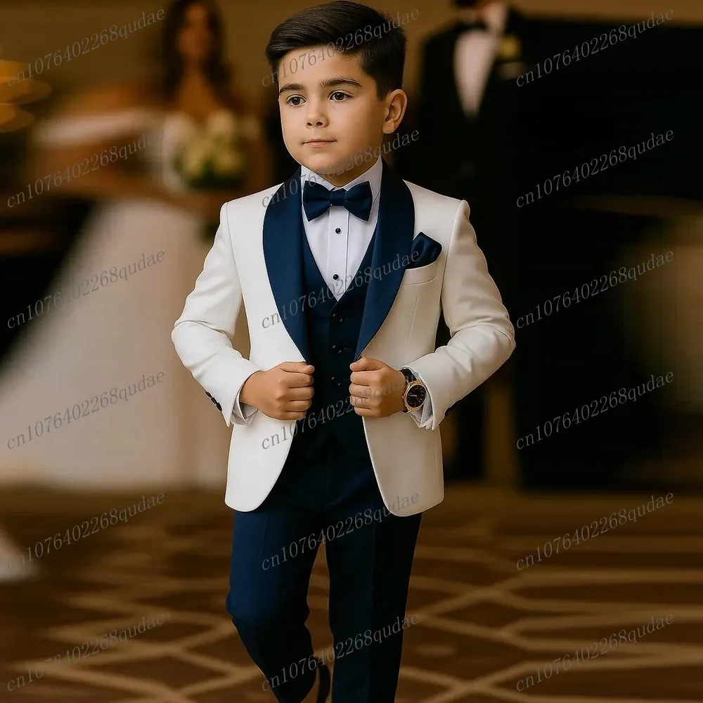 

Белый и темно-синий костюм для мальчика по индивидуальному заказу, деловой детский смокинг, детская одежда для малышей, наряд для мальчиков, куртка из трех предметов, жилет, брюки