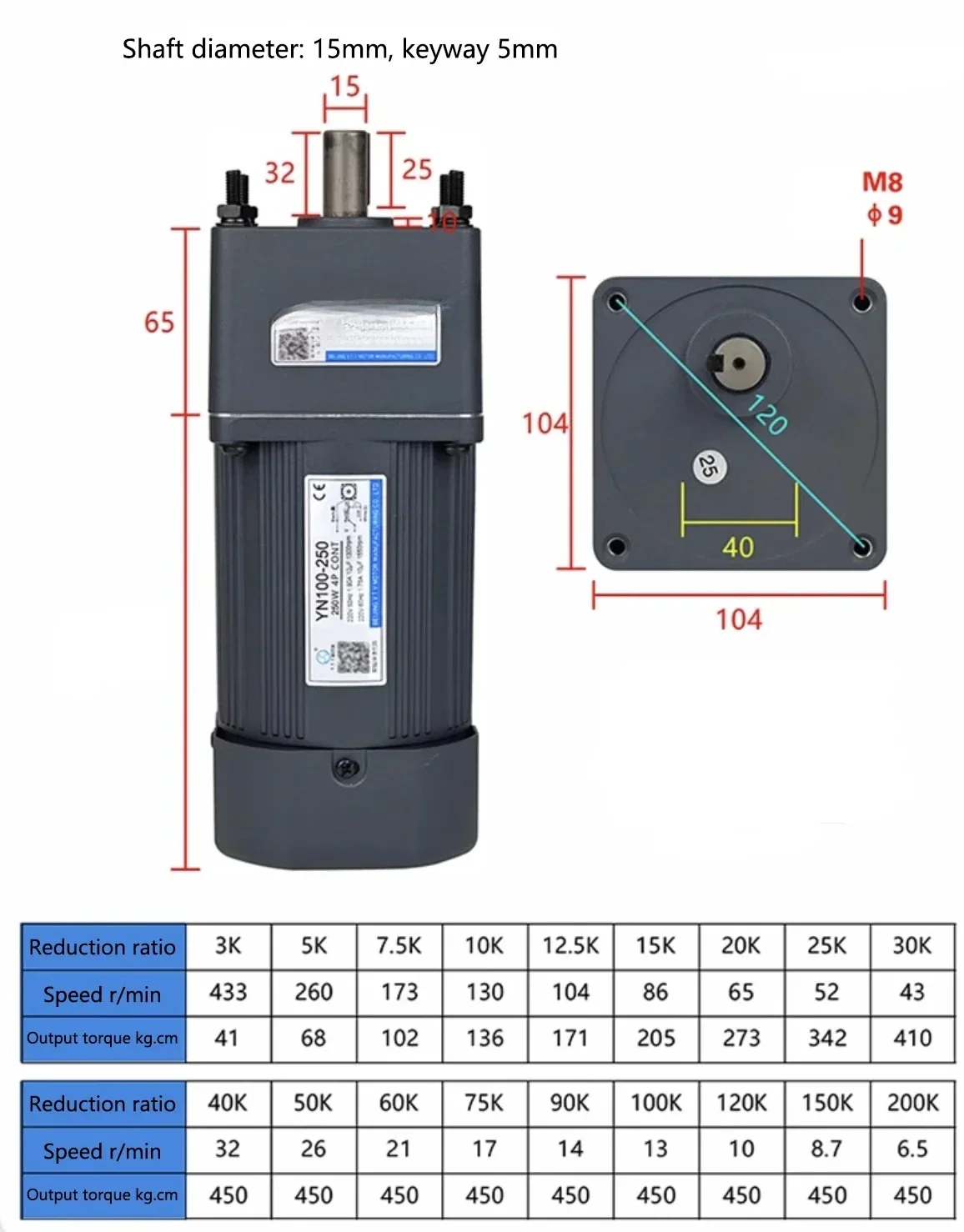 YN100-250 AC fixed speed gear motor +Capacitor