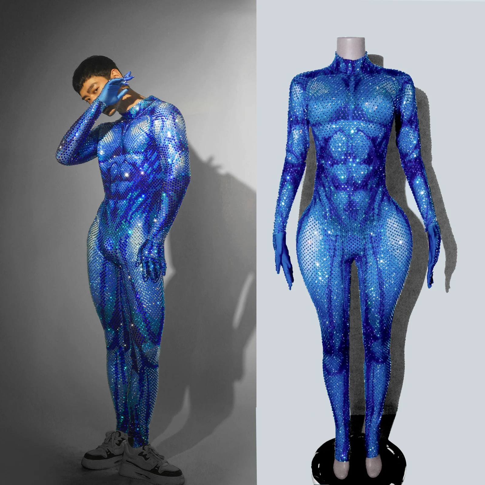 

Men's Blue Rhinestone Sequin Jumpsuit 3D Muscle Print Jumpsuit with Gloves Tight Nightclub Gogo Dance Stage Performance Party