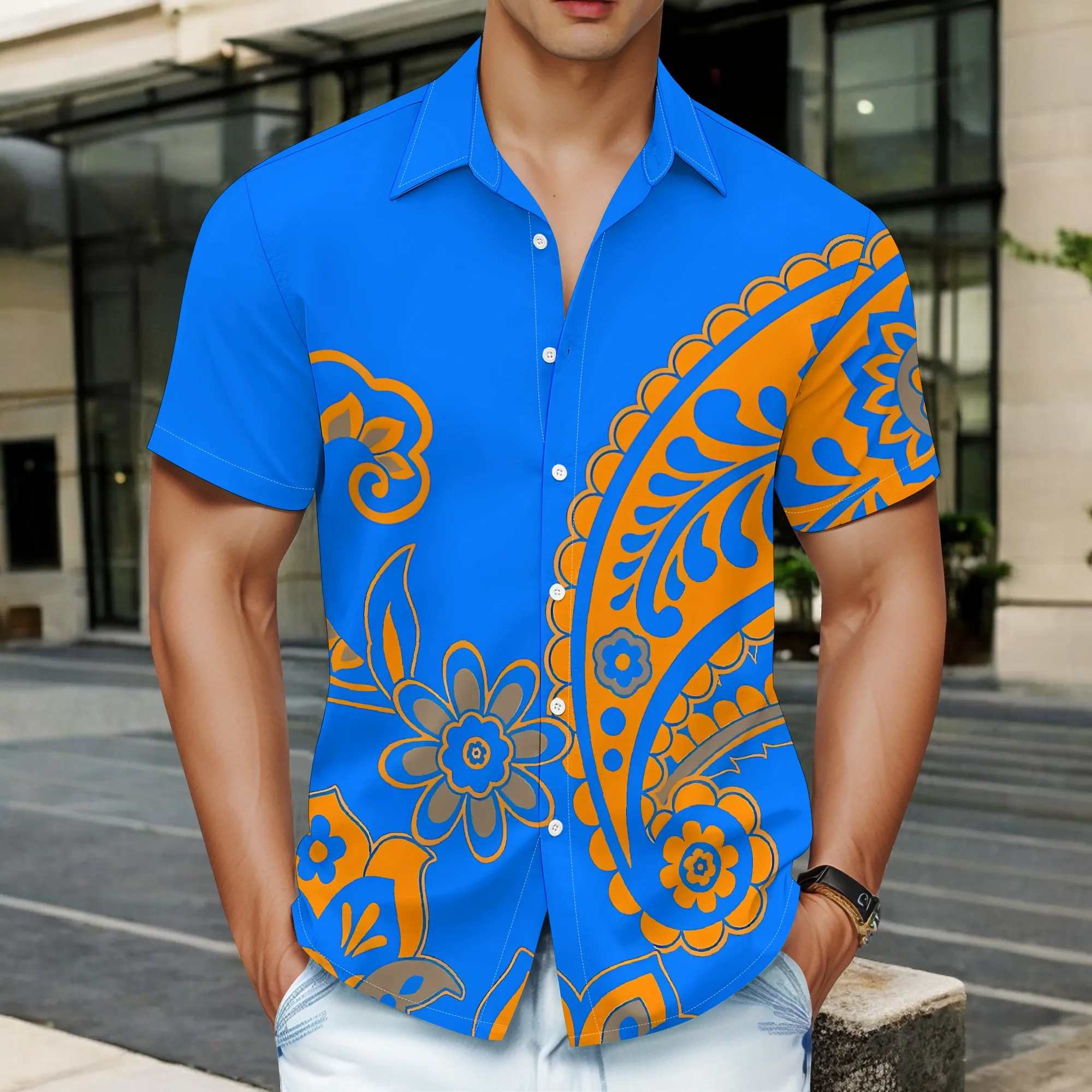 

YEAE Orange Paisley Print Shirt for Men Summer Casual Short Sleeve Top