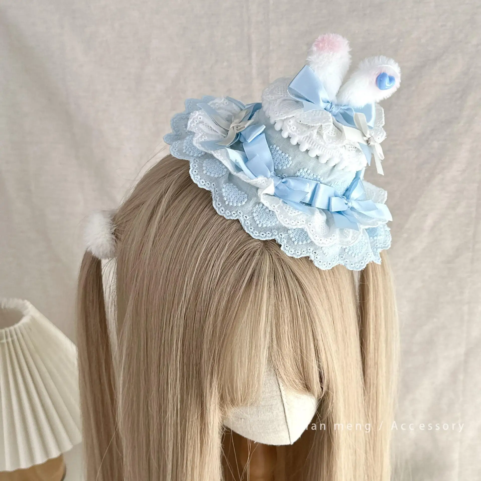 Japanese Sweet Milk Blue Lolita Fascinators Lace Bow Bunny Ear Mini Hat Multi-layer Cake Hair Clip Top Clip