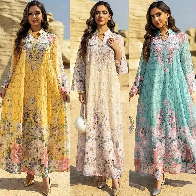 

Ab463 Printed Long Dress Long Skirt Women's Long Robe Jalabiya Dubai Embroidered Skirt Abaya Ramadan Dubai Luxury Islam Elegant