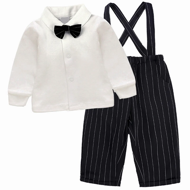 

Spring Newborn Baby Boys Clothes Korean Fashion Gentleman Tie Cotton Long Sleeve Tops+Stripe Pants Kids Clothing Sets BC1187