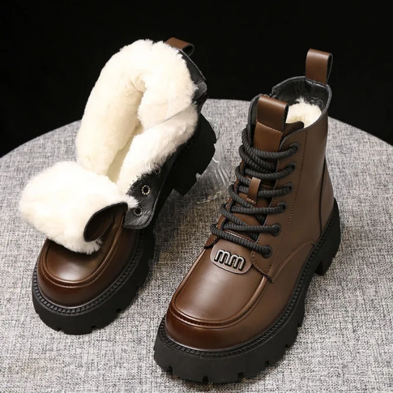 

Women Fur Zipper Snow Boots Velvet Warm High Top Cotton Boots Waterproof Leather Boots Thick Sole Cotton Shoes Botas Para Mujer