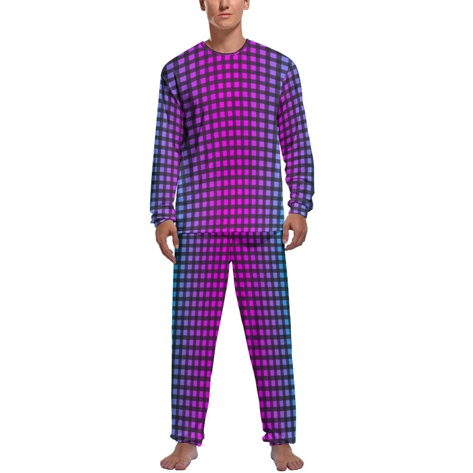 Purple Blue Gingham Pajamas Autumn Ombre Print Casual Home Suit Mens 2 Piece Graphic Long Sleeve Cute Pajamas Set