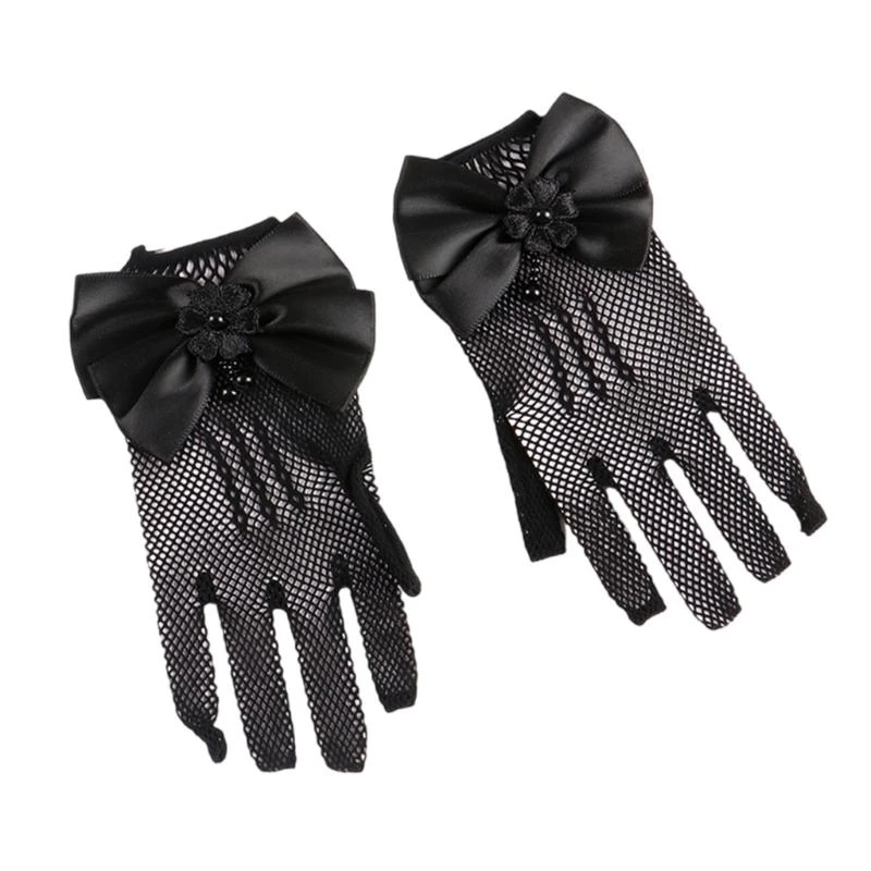 

1 Pair Lace Girls' Formal Gloves Comfortable Nylon Fabric Mittens for Wedding Dresses and Special Occasion White/Black