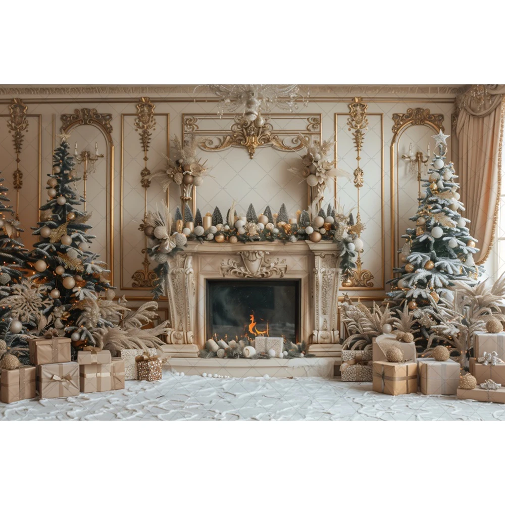 Christmas Fireplace Background Xmas Tree Garland Gift Photography Backdrop Family Kids Holiday Party Banner Photo Studio