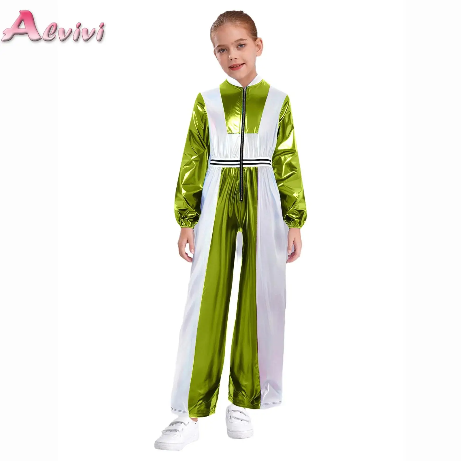

Girls Alien Outer Space Astronaut Metallic Jumpsuit Halloween Carnival Alien Cosplay Costume Jazz Dance Hip-Hop Full Bodysuits