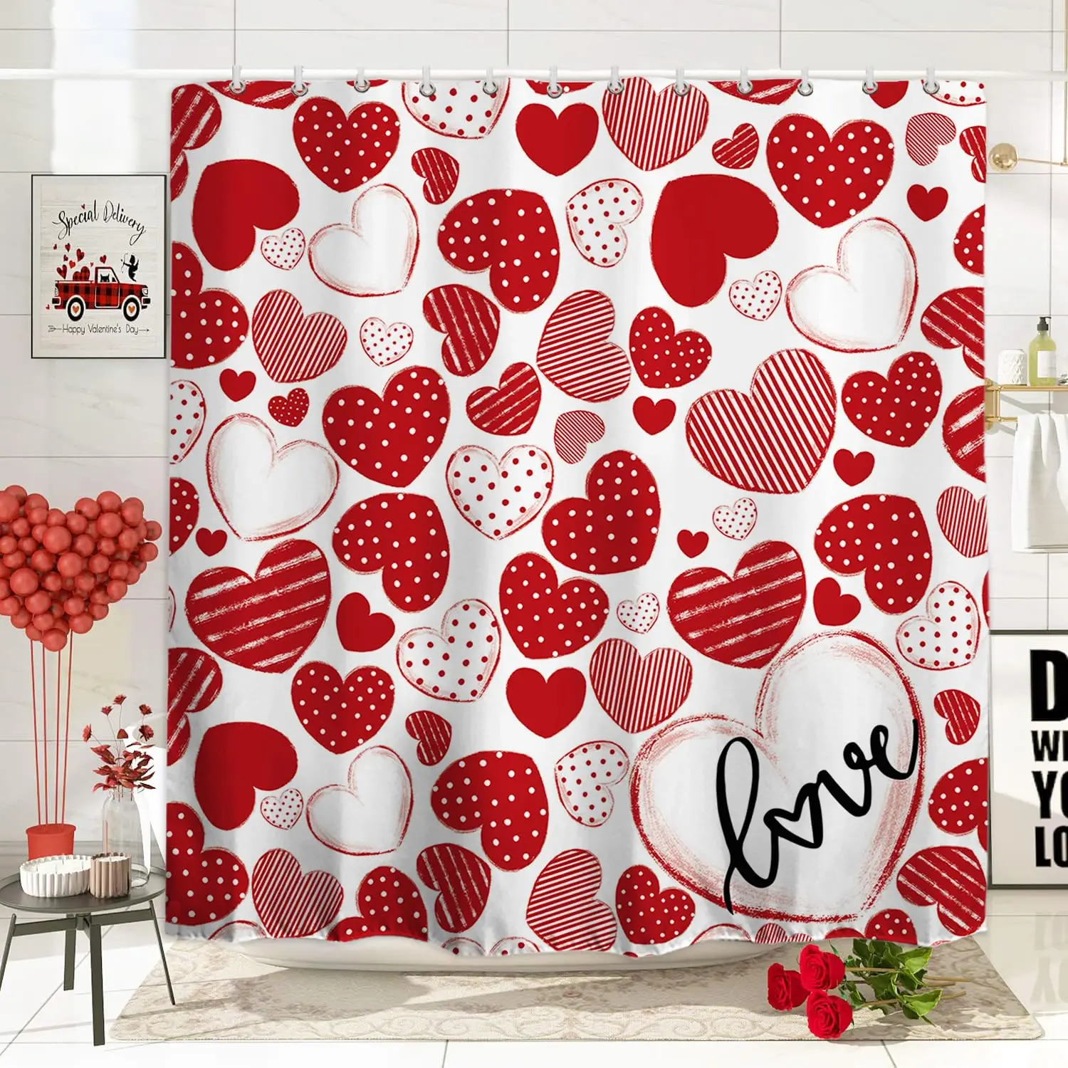 Cute Valentine\'s Day Shower Curtain Funny Abstract Modern Hearts Bathroom Curtain Romantic Waterproof Polyester Shower Curtain
