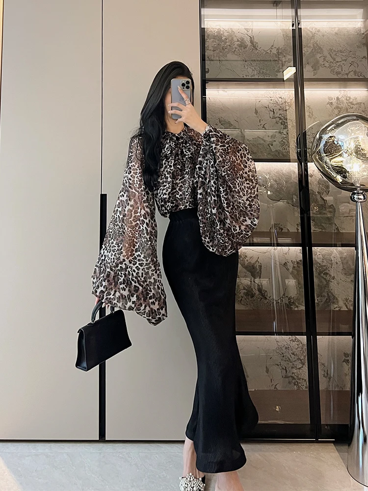 

Sexy Leopard Print Lantern Sve irt High Waist f Body Skirt Two Piece Set Faionable Women's Clothing Ensemble