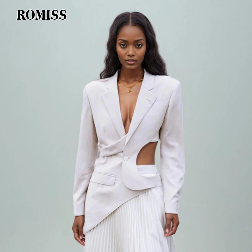 

ROMISS Casual Minimalist Loose Blazers For Women Notched Collar Long Sleeve Patchwork Lace Up Fashion Temperament Blazer Female