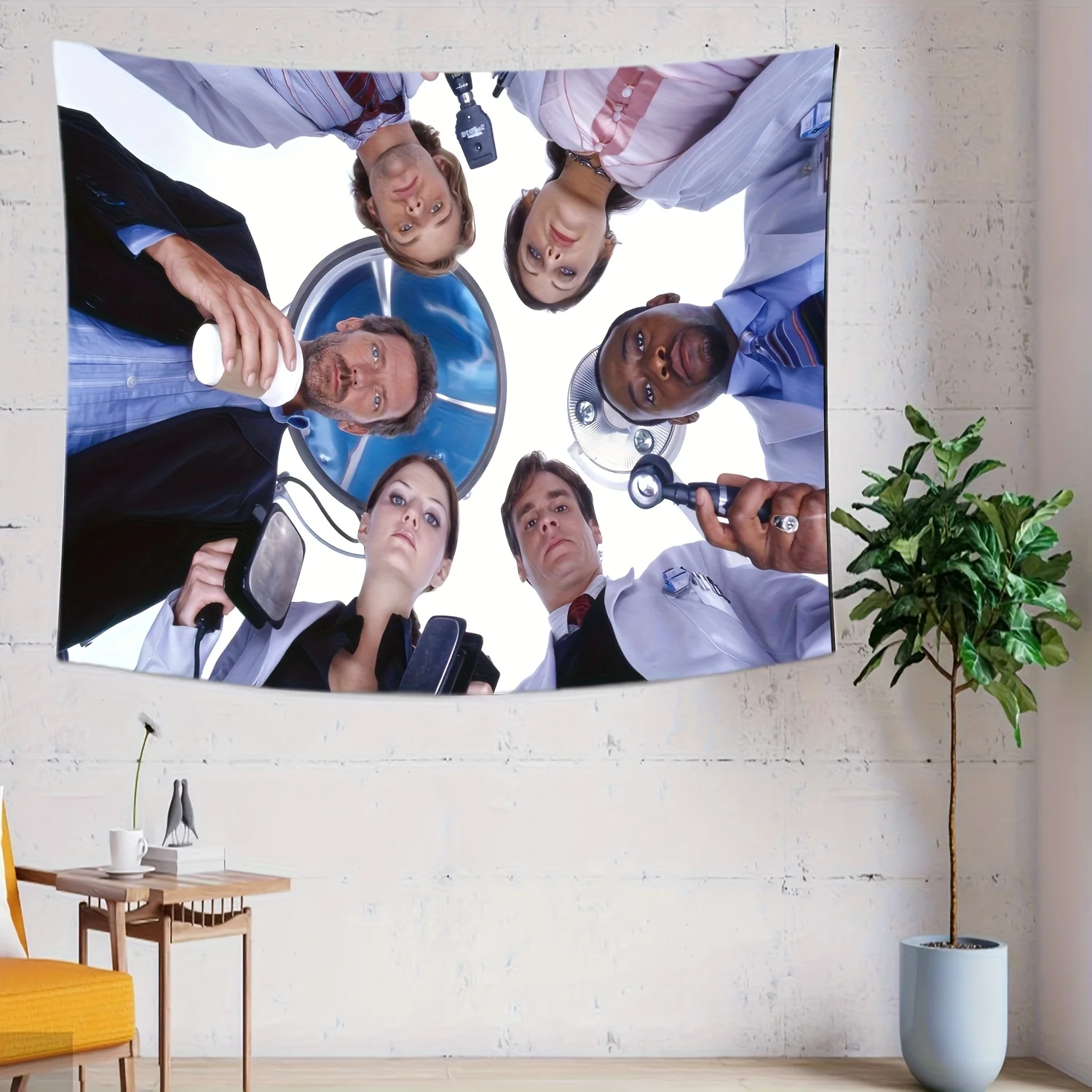a House Doctor Series Tapestry, Featuring a Humorous Movie Poster Design with a Herringbone Pattern.  Suitable for Decorating Be