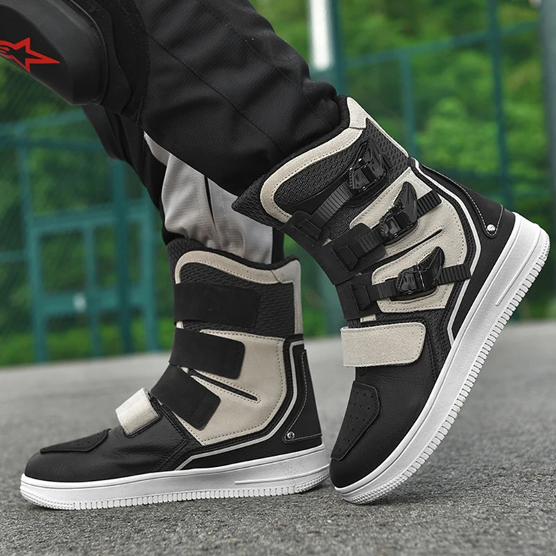 

Men's Motorcycle Shoes 2024 New Leather Motos Boots Anti Slip Breathable Motocross Racing Cycling Riders Serrated Buckle Boots