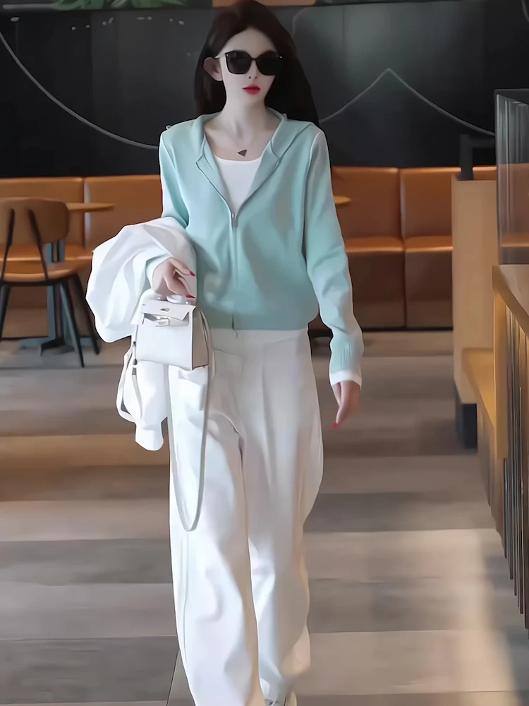 een-zipper-open-cardigan-and-simple-top-two-piece-set-faionable-spor-long-pants-women's-casual-sportswear-ensemble