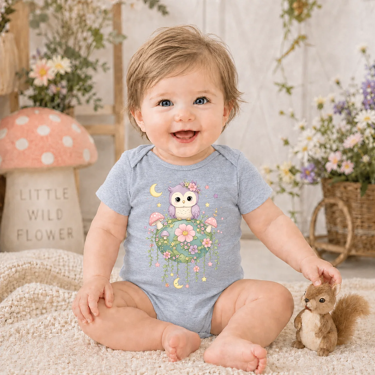 Cute Cartoon Owl Floral Earth Baby Bodysuit Short Sleeve Newborn Romper Soft Cotton Infant Triangle Onesie Summer Baby Boys Girl
