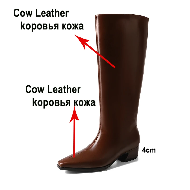 Meotina Women Genuine Leather Knee High Long Boots Square Toe Thick Mid Heels Gogo Boots Ladies Fashion Shoes Autumn Winter 40