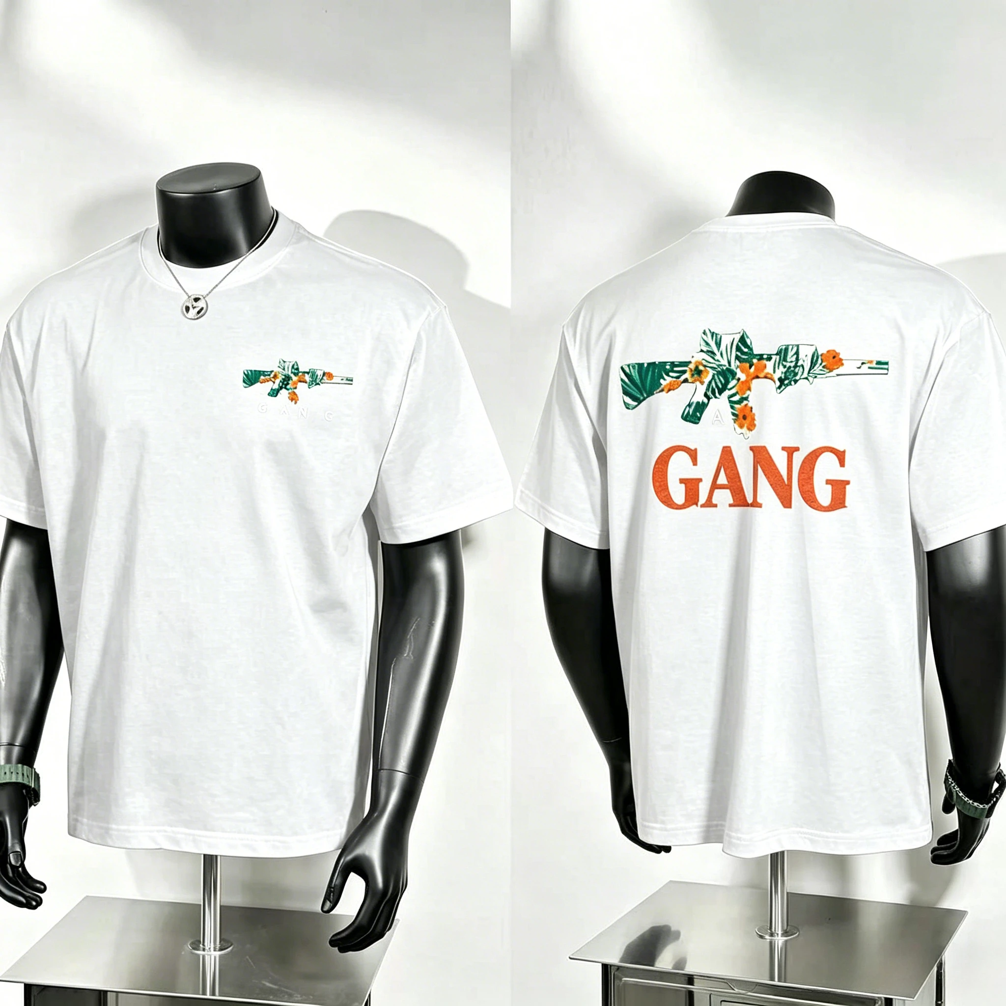 Floral Firearm Print T Shirt, Tiny Flower Pattern Gun Emblem on Chest and Oversized Floral Rifle with Gang Slogan Back Graphic