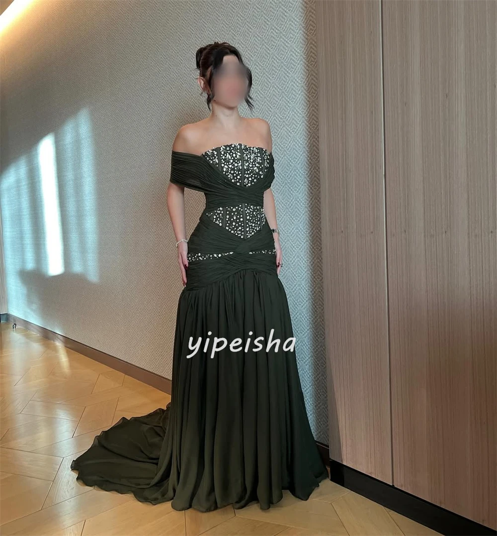Personalizado de alta qualidade moda chiffon lantejoulas miçangas sereia fora do ombro vestidos longos sob medida vestidos de ocasião combinando