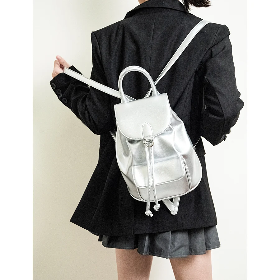 Women Korean Small Backpack Silver Simple Drawstring Bucket Student Bags Ins Pu Leather Shoulder Bag Travel Bagpack Rucksack Sac