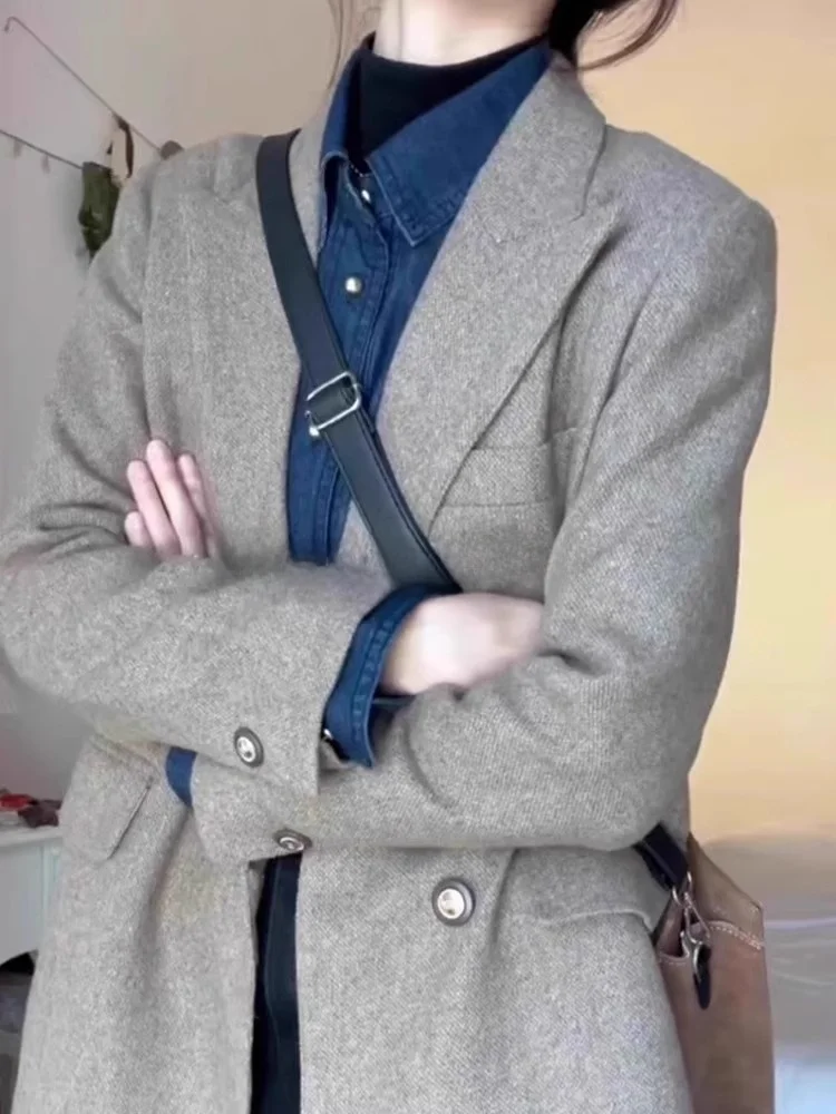 

Oatmeal Casual Wide Leg Suit Jacket Women's Autumn Winter Loose Fitting Elegant Small Size Western Style Commute Ready