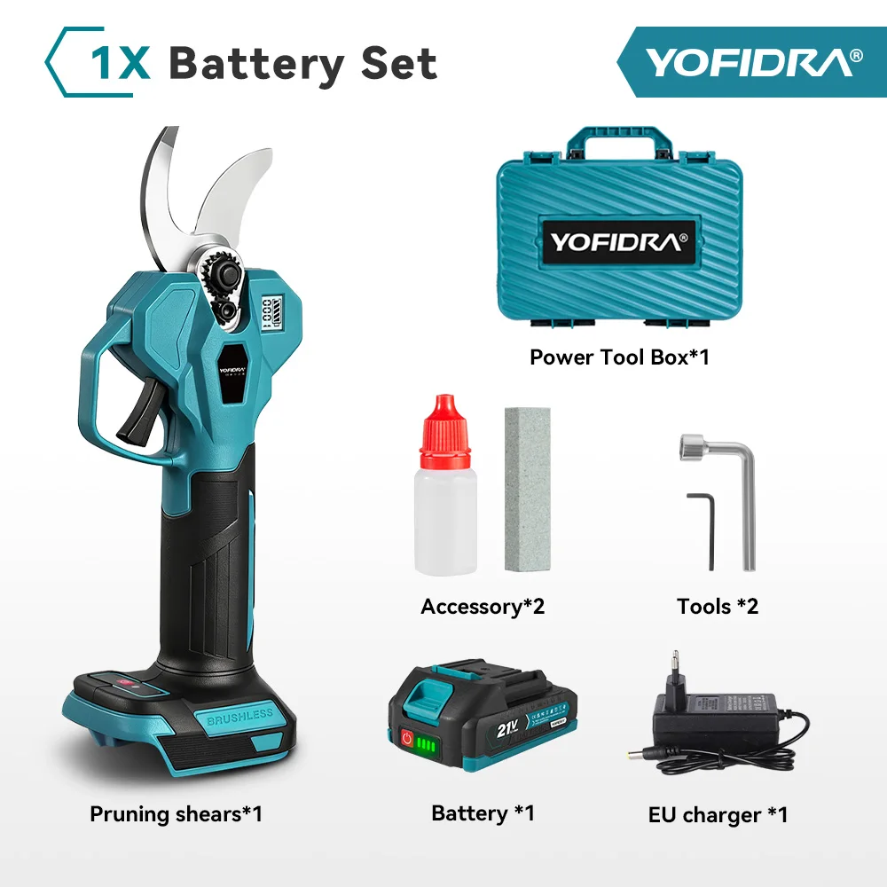YOFIDRA 32mm Borstelloze Elektrische Snoeischaar 2 Gear Draadloze Schaar Boomtakken Tuingereedschap Voor Makita 21 V Batterij pin