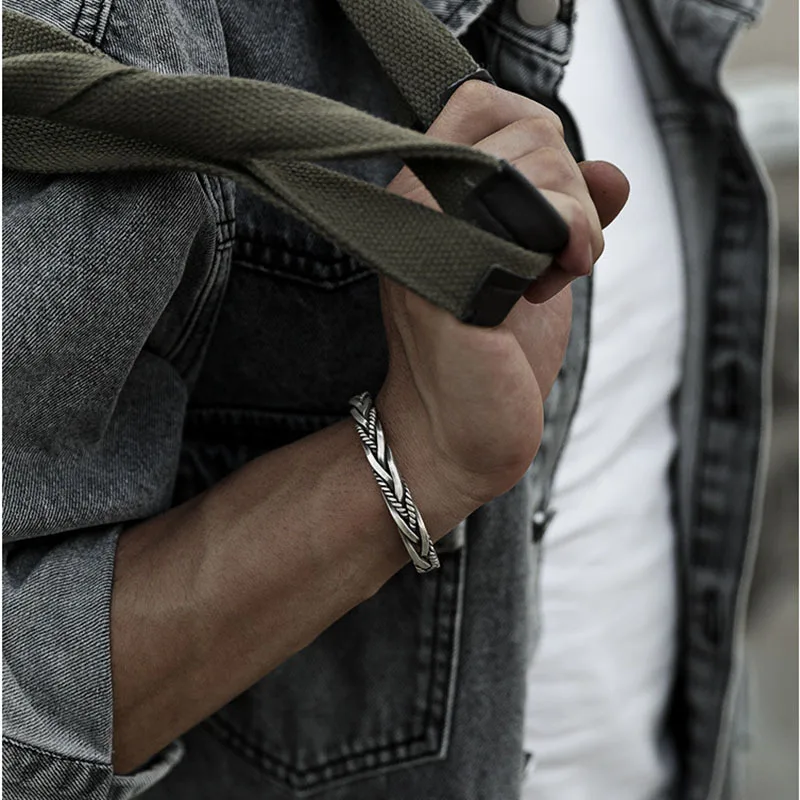 Personality S925 Silver Fried Dough Twists Woven Bangle Men's and women's Retro Creative Opening Cuban Bracelet Jewelry Gift