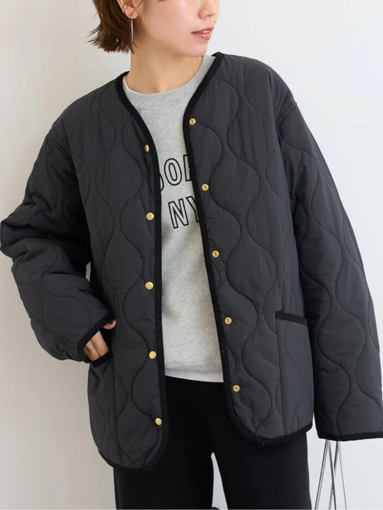 2026 Winter New Nylon Windproof Waterproof round Neck Gourd Pattern Loose Casual Cotton Jacket Women's Fashion Casual Style