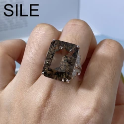 SILE Natural 20ct Rectangle Smoky Quartz Rings For Women 925 Sterling Silver Jewelry Big Gemstones Party Wedding Engagement Ring