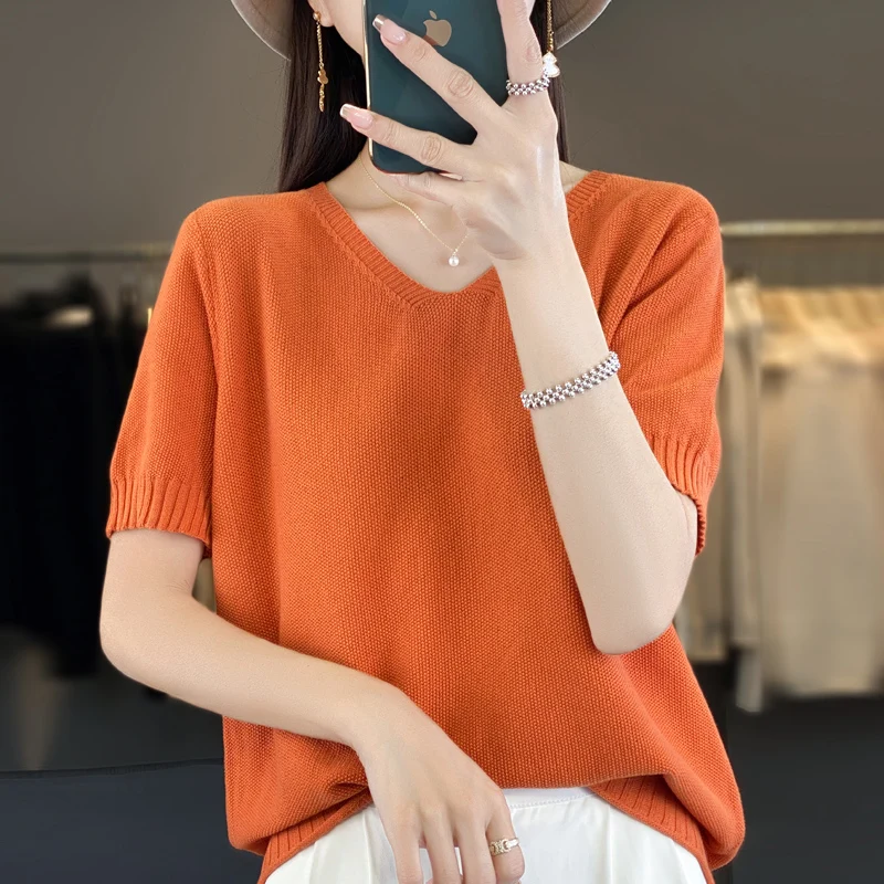 

Women's T-shirt Summer Worsted 100% Cotton Sweater Short Sleeve Casual V-Neck Ladies Tops Loose Blouse Basic Pullover Tees