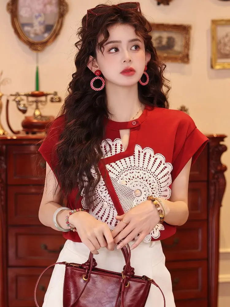 

Летняя женская футболка в гонконгском стиле с круглым воротником и короткими рукавами, новинка 2025, повседневный универсальный топ с рукавами-крылышками