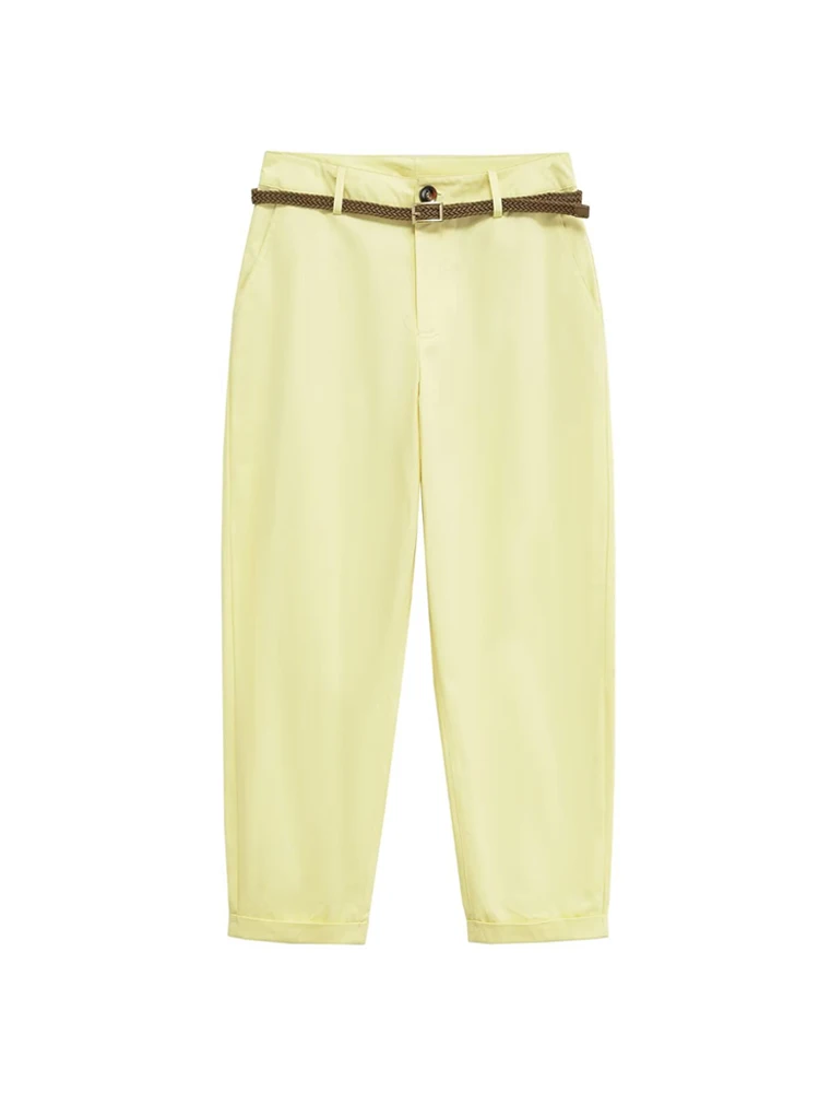 Buttergelbe Damenhose mit hoher Taille und Gürtel, Seitentaschen, Reißverschluss, weibliche Hose