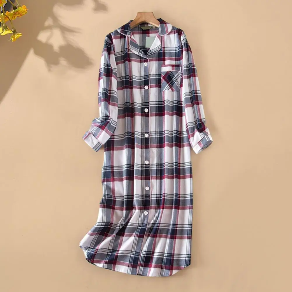 2026 Lady Nightgown Heart Plaid Printing Turn-down Collar Single-breasted Knee Length with Chest Pocket Loose Nightdress Autumn