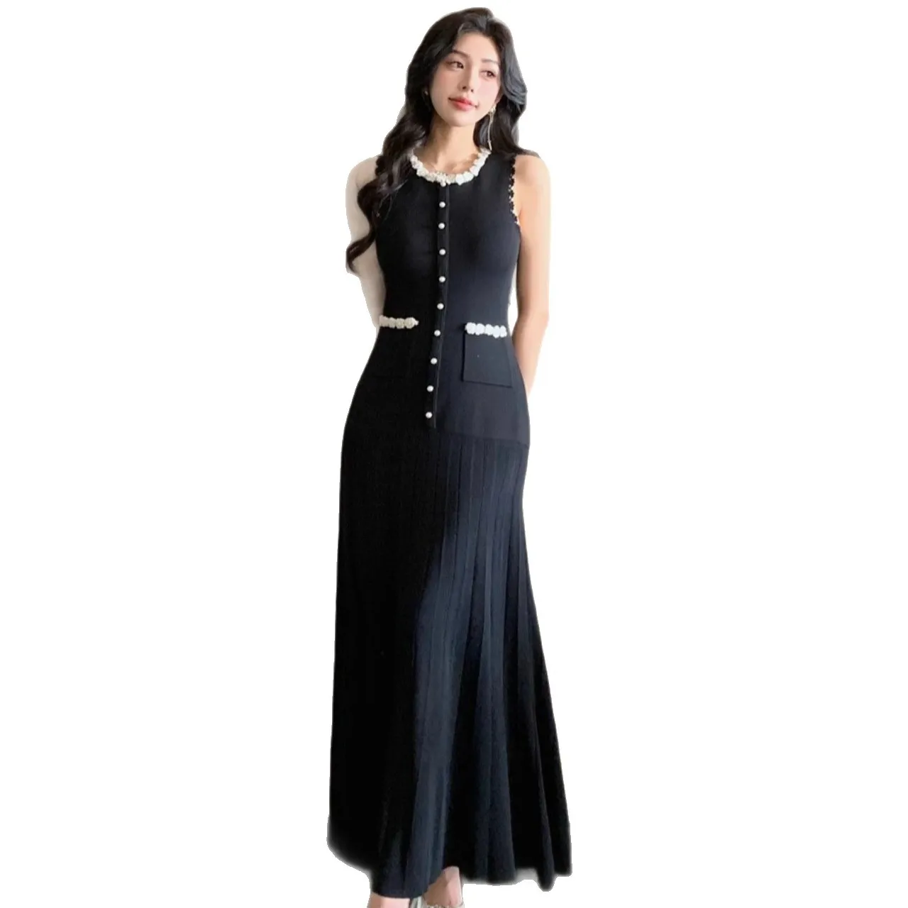 Ladies 2025 Summer Black Sexy Sleeveless O-neck Single Breasted Knit Dress Women Green Elegant Slim Fashion Pleated Long Dresses