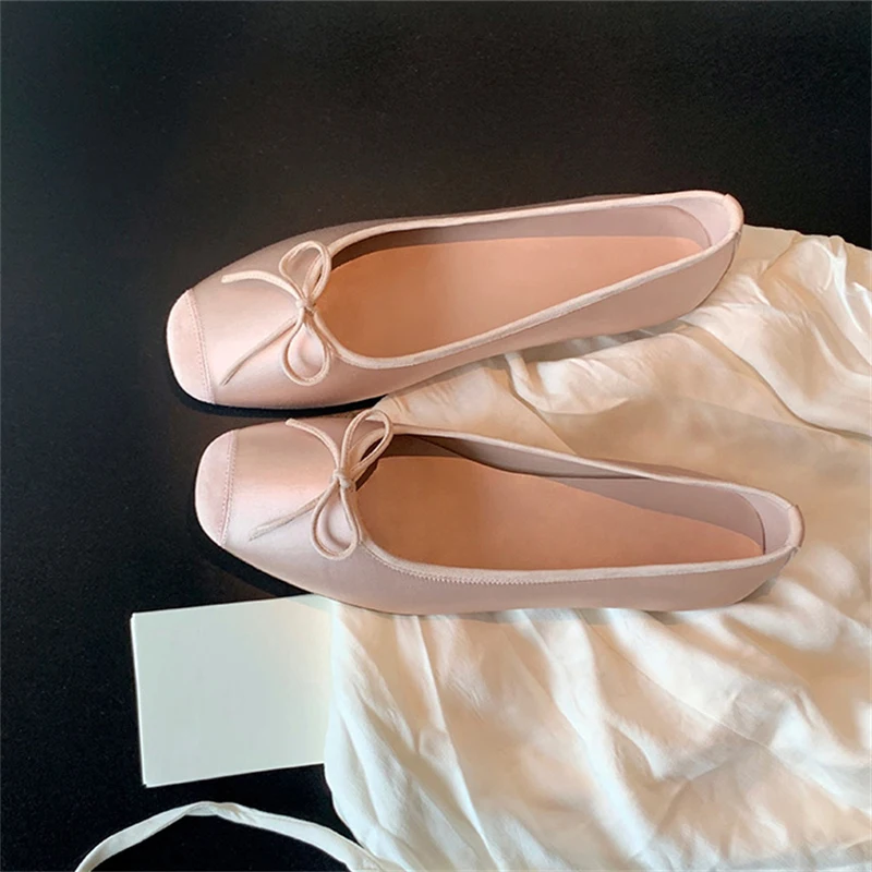 Breathable Silk Ballerinas Ballet Flats Women Summer Autumn Slip On Loafers Square Toe Bowknot Flat Casual Shoes